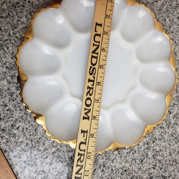 Lot of 2 Anchor Hocking Fire King Milk Glass Deviled Egg Gold Trim + Relish Tray - Picture 12 of 12